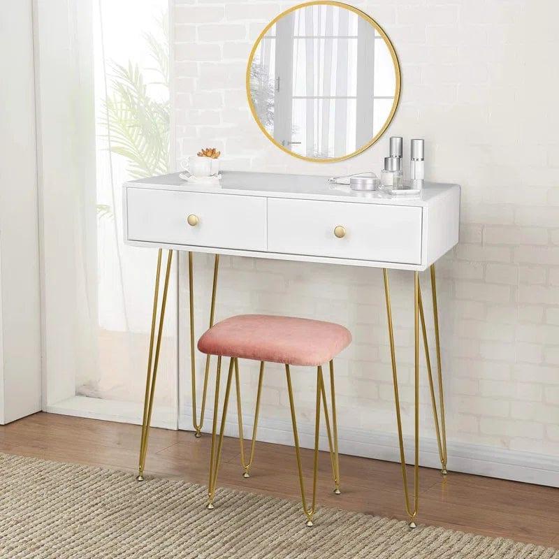 Bumble Vanity Desk with 2 Drawers, White Computer Desk with Gold Leg, Makeup Desssing Table for Bedroom (White) - Ouch Cart
