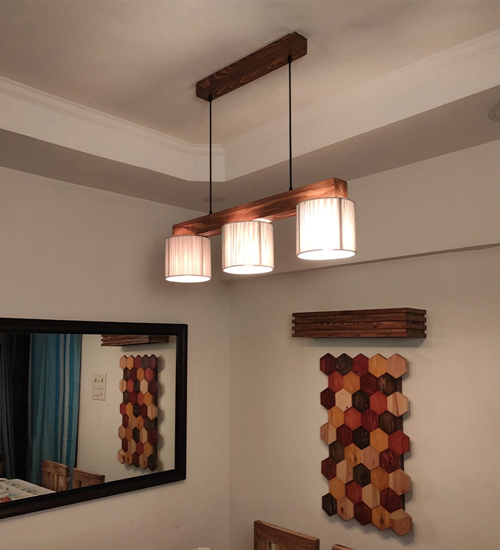 Tiga Brown Wooden Series Hanging Lamp with Silver Fabric Lampshades (BULB NOT INCLUDED)
