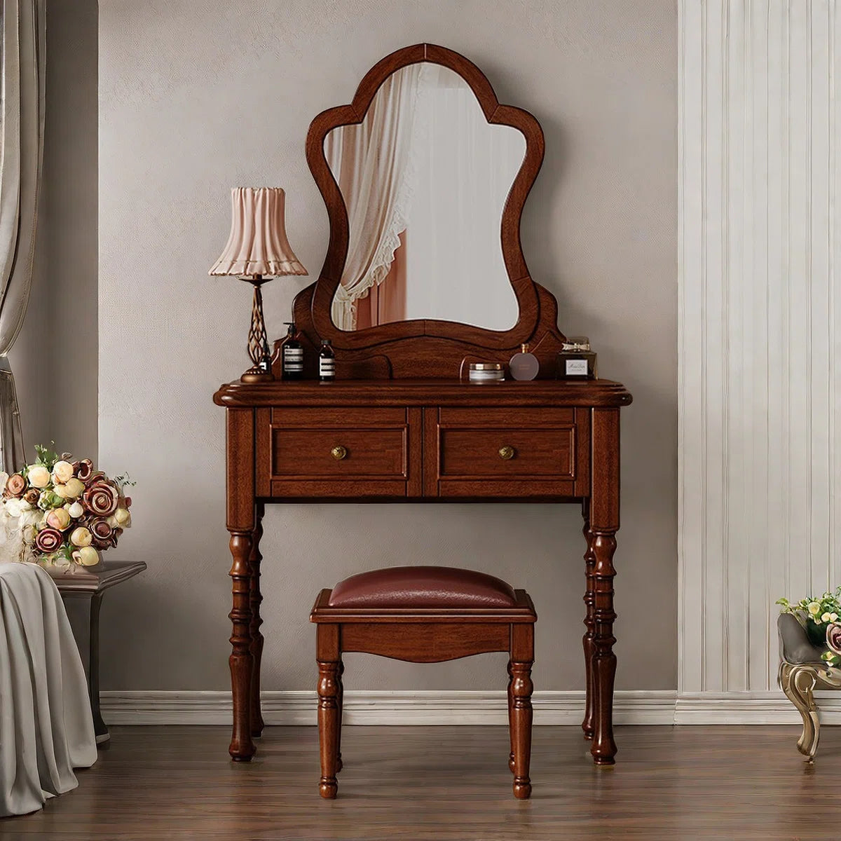 Vintage Mahogany Makeup Vanity Set with Petal Mirror & Stool Ouch Cart