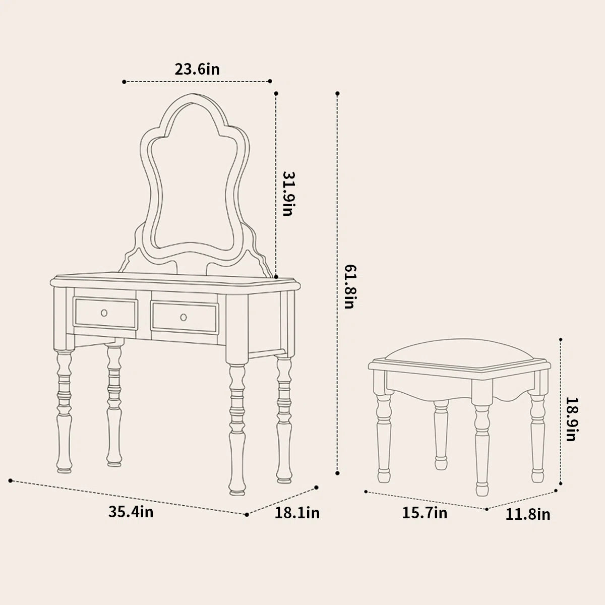 Vintage Mahogany Makeup Vanity Set with Petal Mirror & Stool Ouch Cart