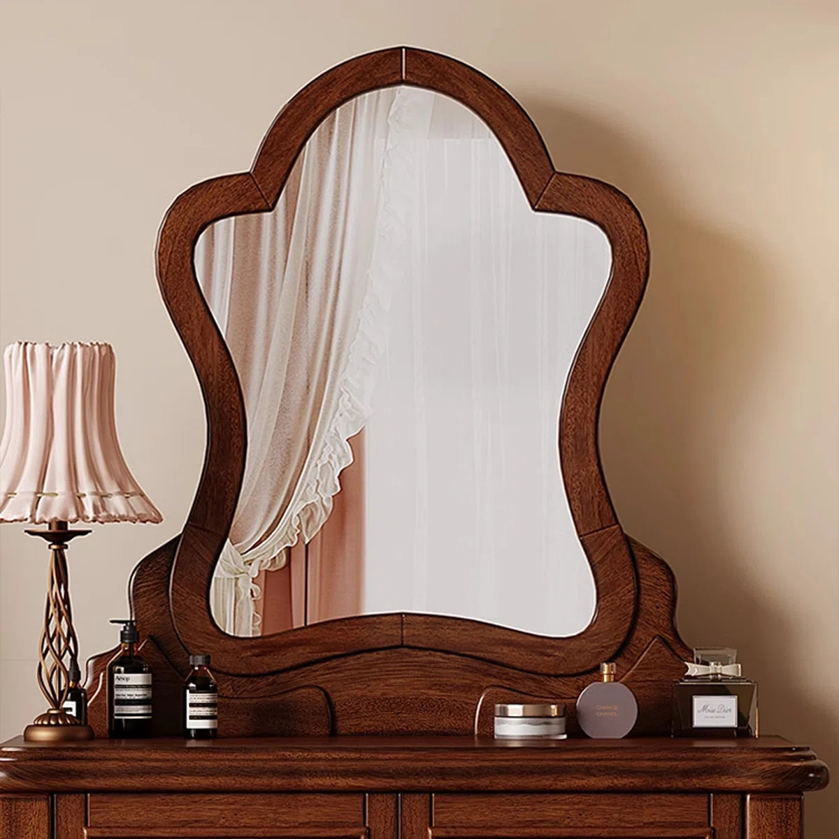 Vintage Mahogany Makeup Vanity Set with Petal Mirror & Stool Ouch Cart