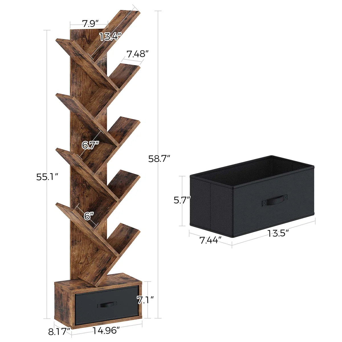 Rustic Brown Tree Bookshelf with 8 Shelves and Storage Drawer OUCH CART