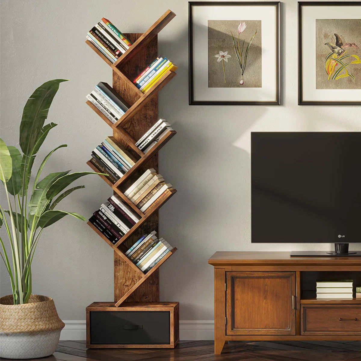 Rustic Brown Tree Bookshelf with 8 Shelves and Storage Drawer OUCH CART