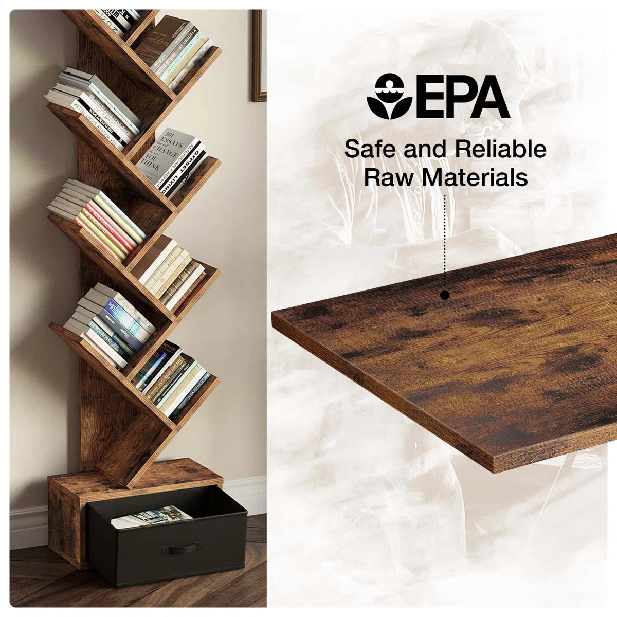 Rustic Brown Tree Bookshelf with 8 Shelves and Storage Drawer