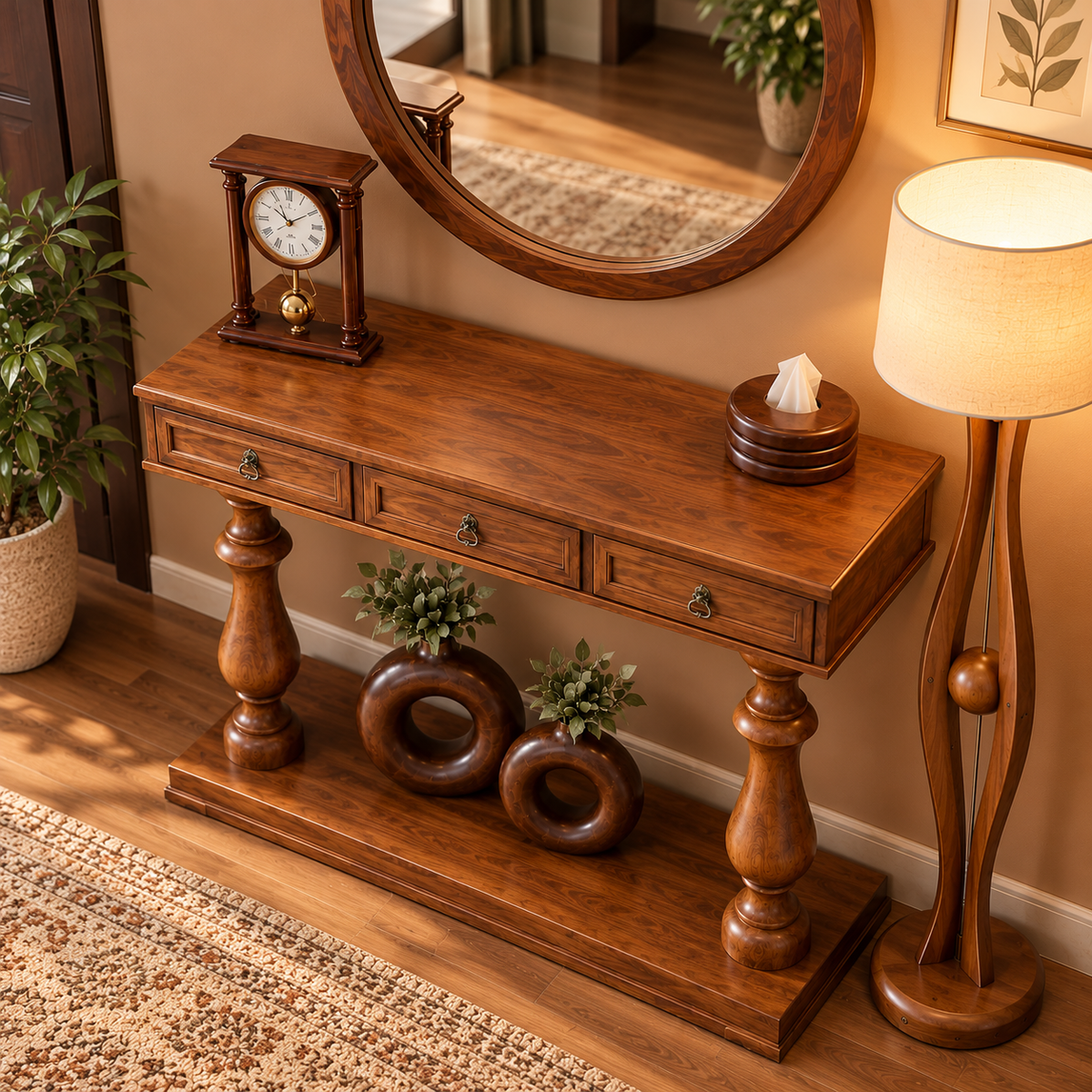 Traditional Wooden Console Table with 3 Drawers, Antique Brass Handles, Turned Legs and Walnut Finish for Living Room & Entryway