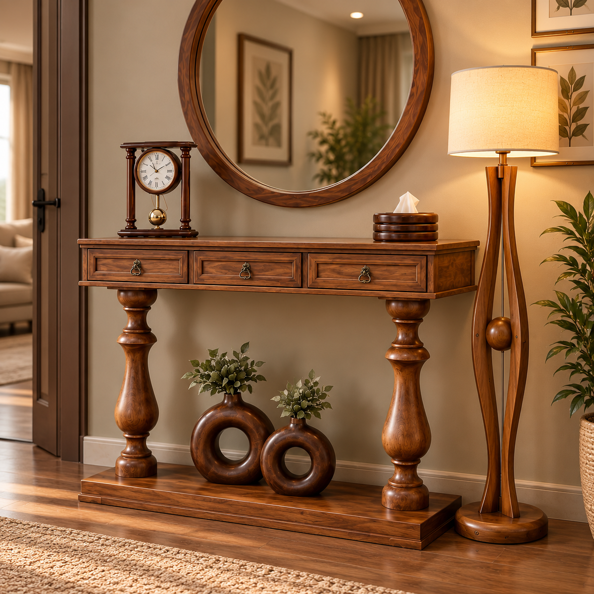Traditional Wooden Console Table with 3 Drawers, Antique Brass Handles, Turned Legs and Walnut Finish for Living Room & Entryway