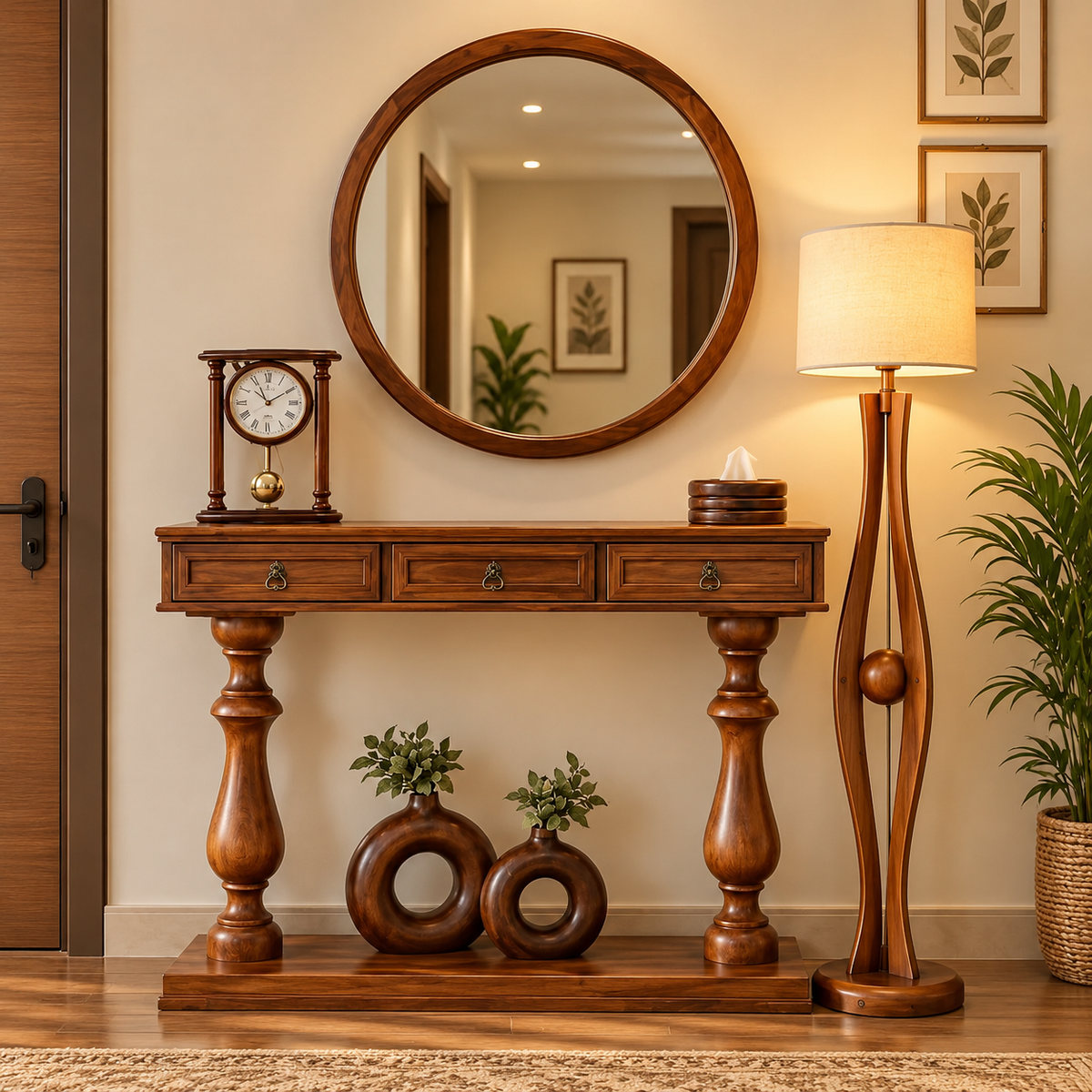 Traditional Wooden Console Table with 3 Drawers, Antique Brass Handles, Turned Legs and Walnut Finish for Living Room & Entryway