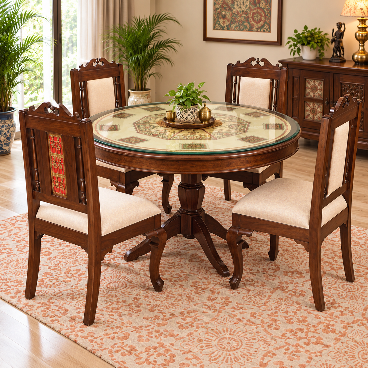Traditional Wooden Dining Chair | Carved Solid Wood Chair with Upholstered Seat & Back for Dining Room
