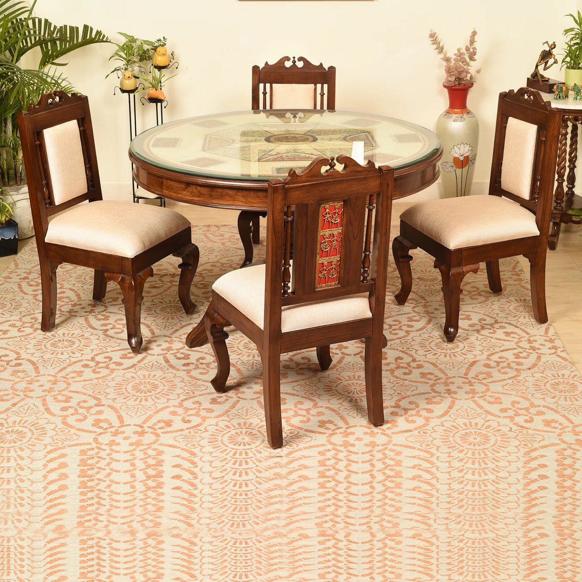 Traditional Wooden Dining Chair | Carved Solid Wood Chair with Upholstered Seat & Back for Dining Room
