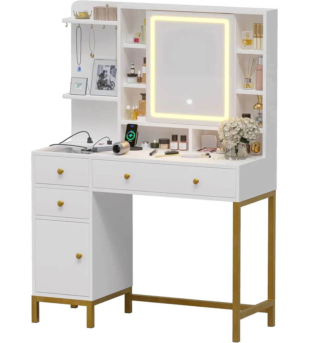 Lighted Makeup Vanity Desk with 4 Drawers and Cabinet for Bedroom, 15.7"D x 38.6"W x 54.3"H