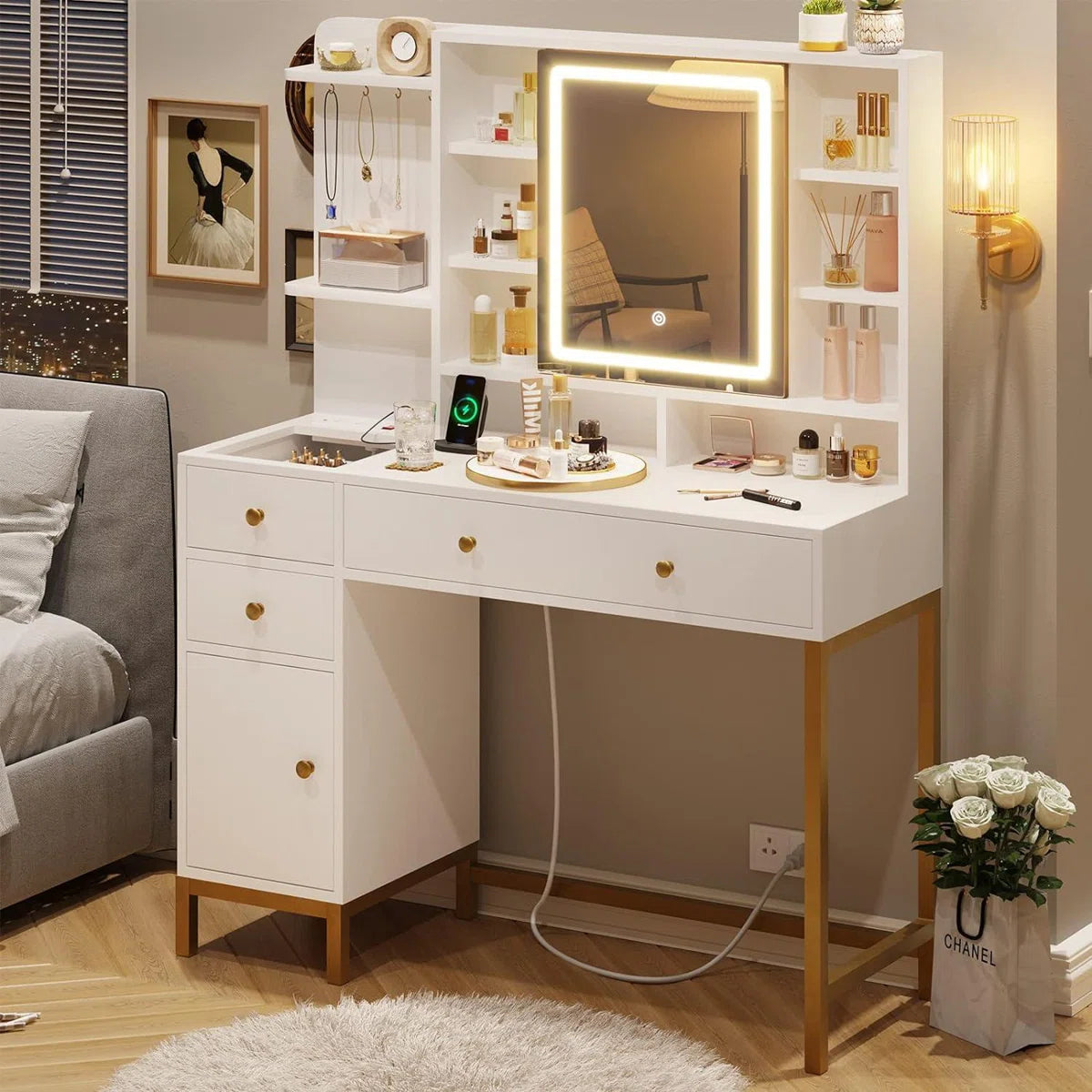 Lighted Makeup Vanity Desk with 4 Drawers and Cabinet for Bedroom, 15.7"D x 38.6"W x 54.3"H