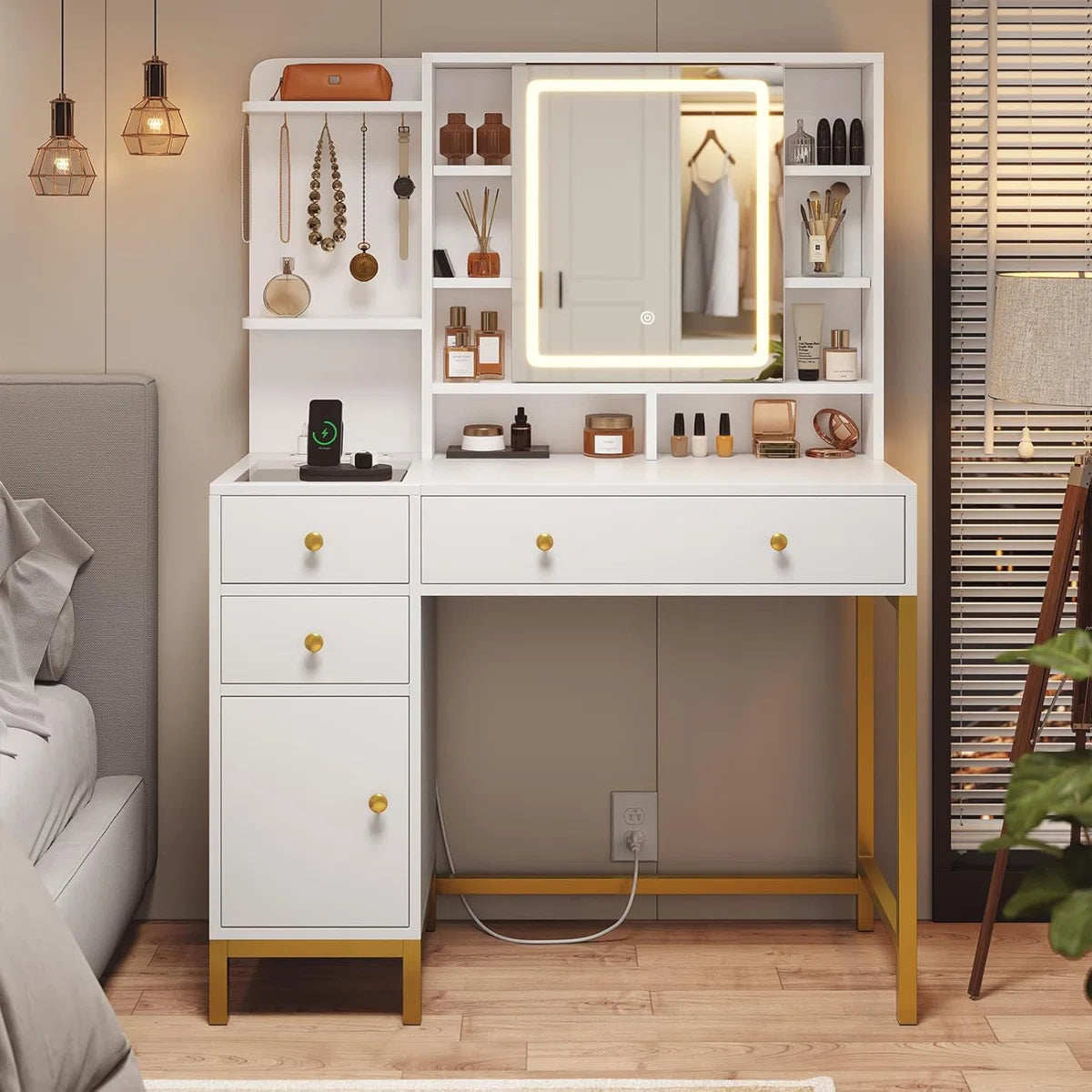 Lighted Makeup Vanity Desk with 4 Drawers and Cabinet for Bedroom, 15.7"D x 38.6"W x 54.3"H-OUCH CART | Dressing table