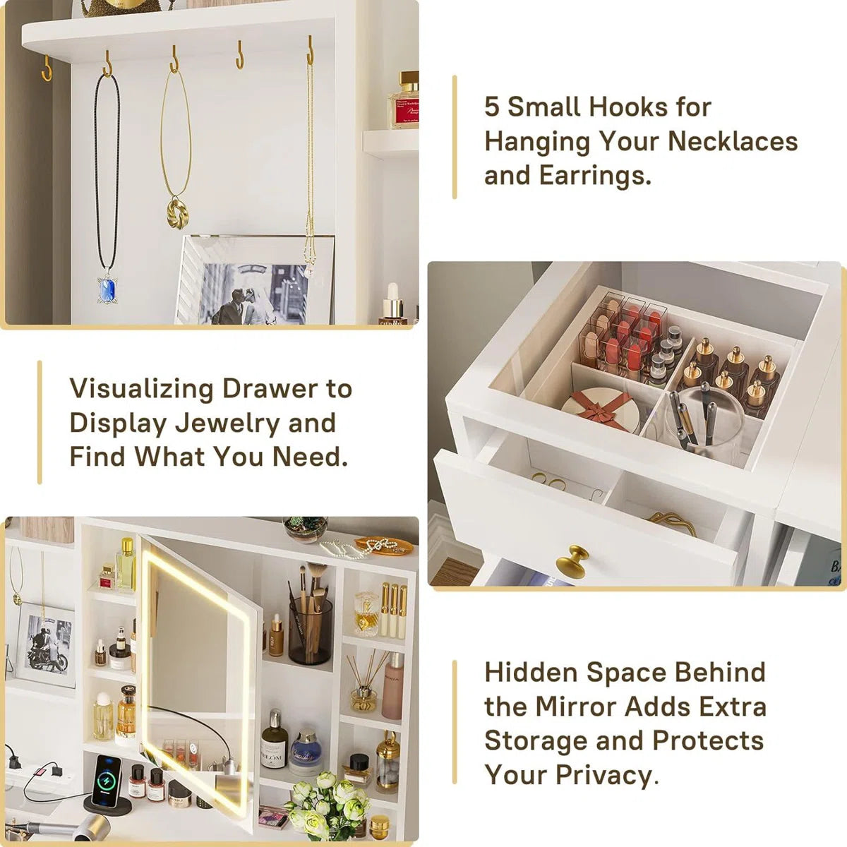 Lighted Makeup Vanity Desk with 4 Drawers and Cabinet for Bedroom, 15.7"D x 38.6"W x 54.3"H