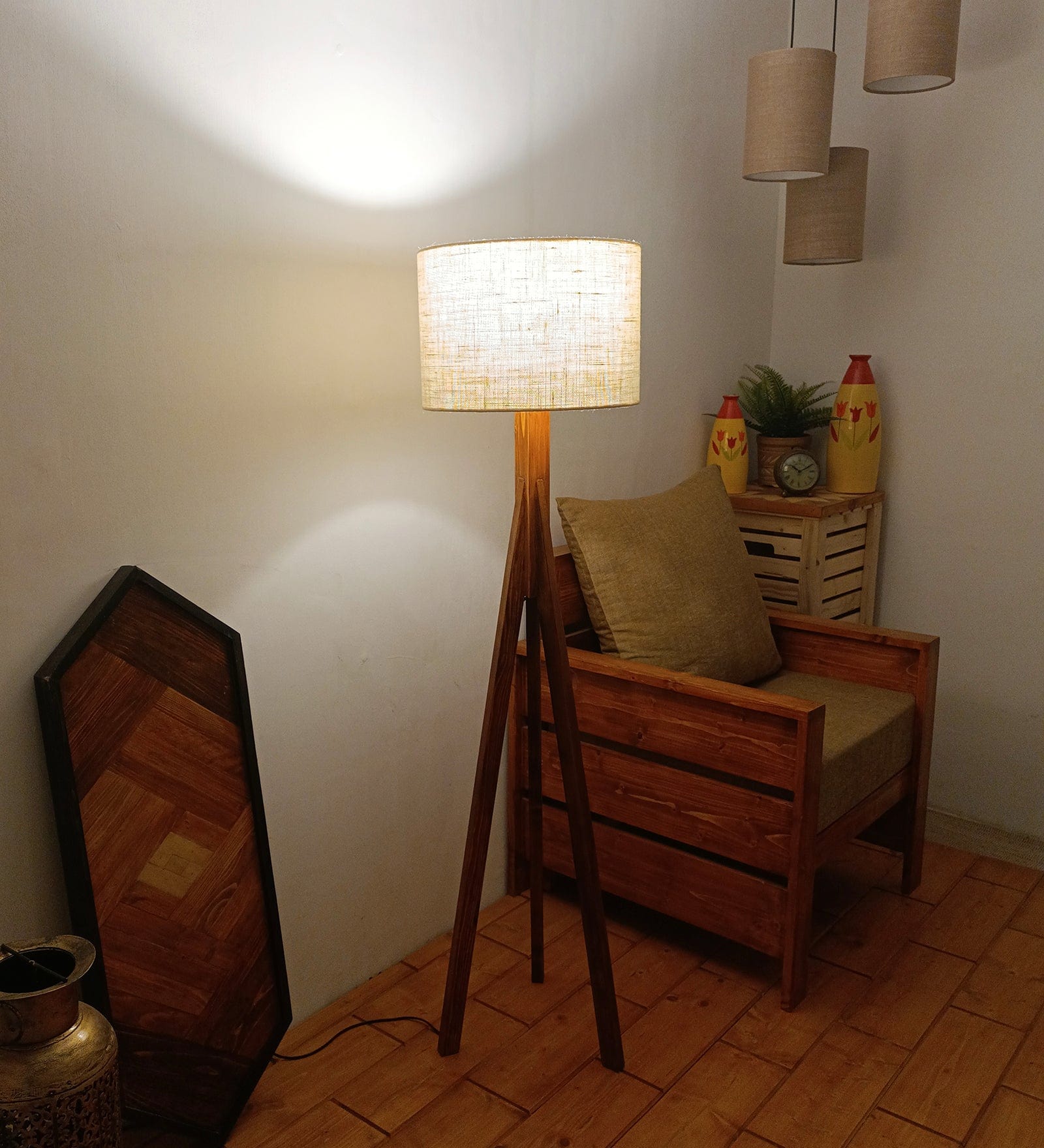 Triune Wooden Floor Lamp with Brown Base and Beige Fabric Lampshade (BULB NOT INCLUDED)