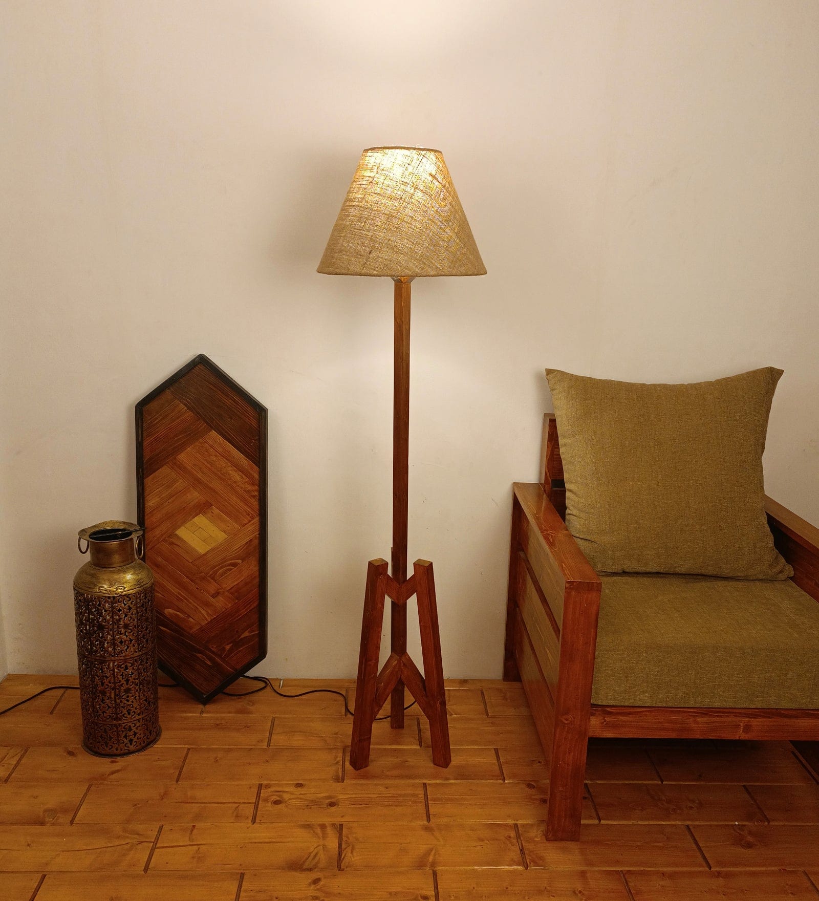 Troika Wooden Floor Lamp with Brown Base and Premium Beige Fabric Lampshade (BULB NOT INCLUDED)