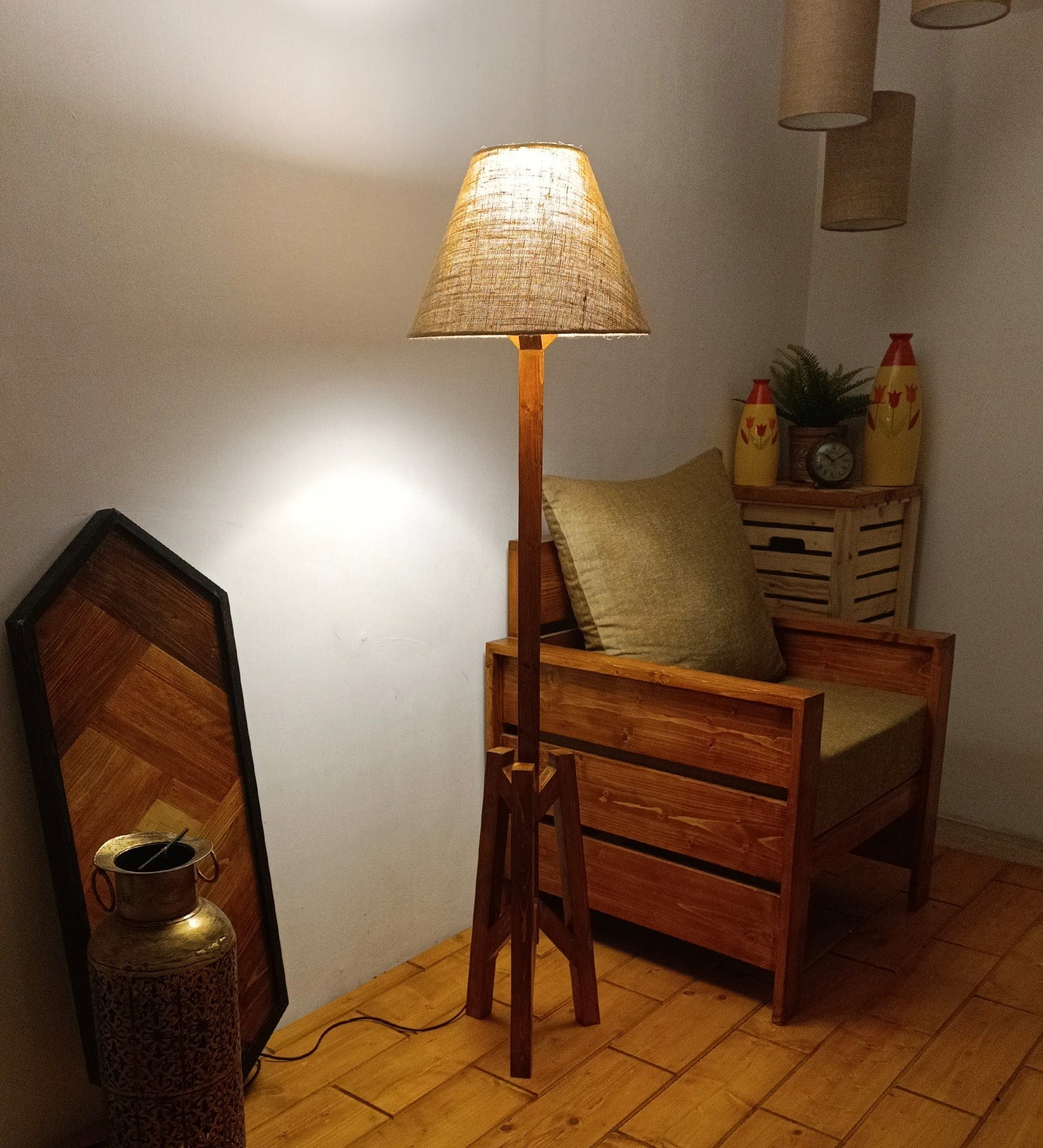 Troika Wooden Floor Lamp with Brown Base and Premium Beige Fabric Lampshade (BULB NOT INCLUDED)