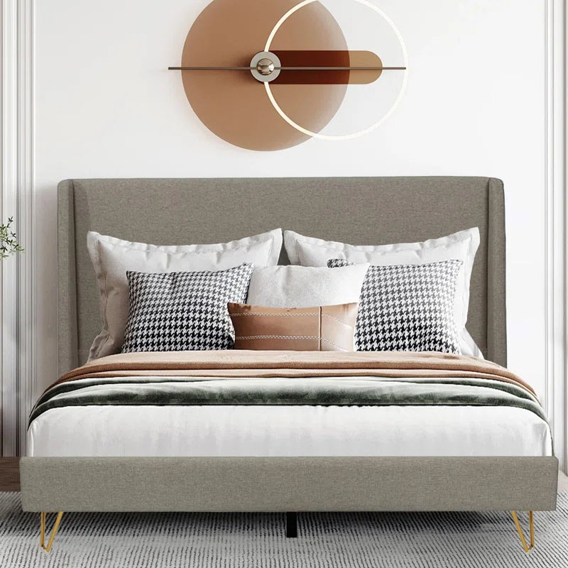 Upholstered Bed Frame With Angled Brass Legs, Easy To Assemble, Fabrics Headboard, Stylish, Comfy