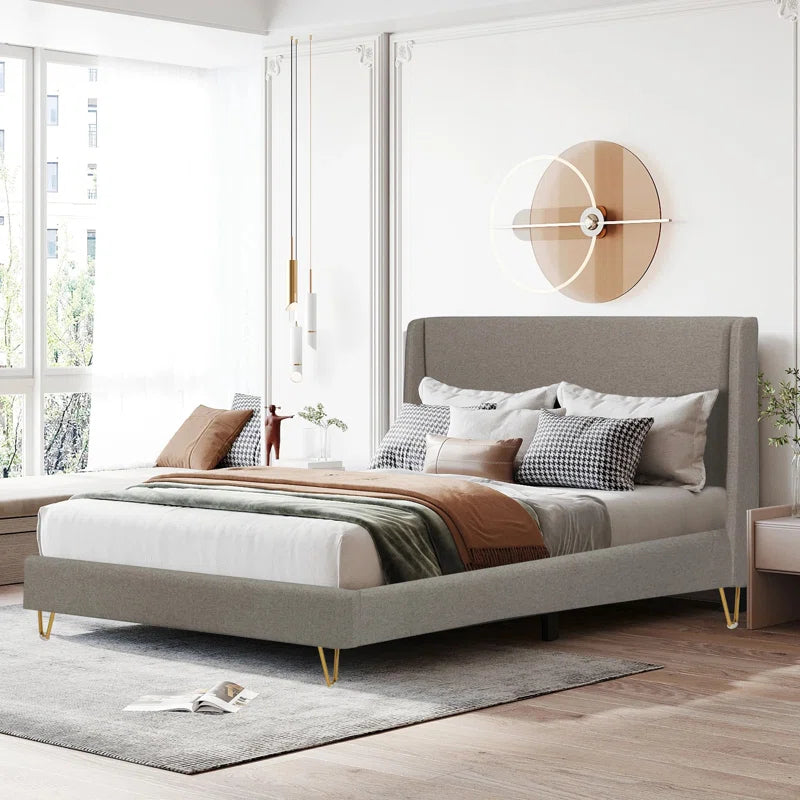 Upholstered Bed Frame With Angled Brass Legs, Easy To Assemble, Fabrics Headboard, Stylish, Comfy