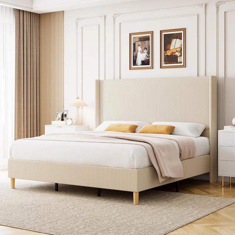 Upholstered Corduroy Bed Frame, Bed Frame with Wingback Headboard