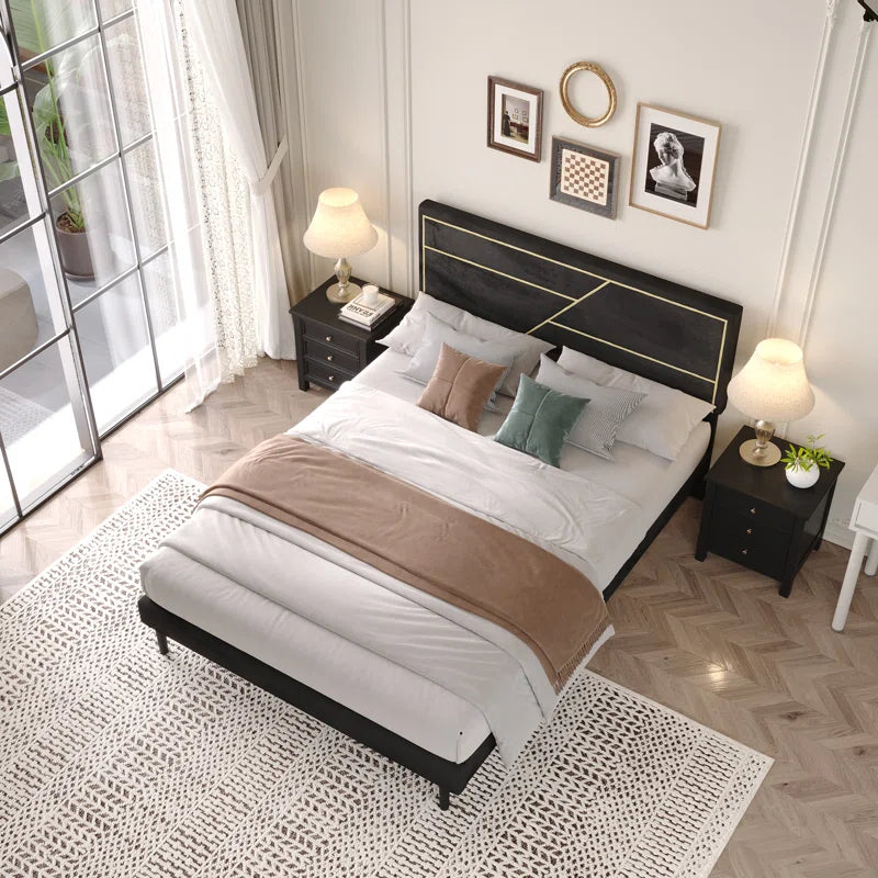 Upholstered Platform Bed, Modern Bed Frame with Velvet Headboard, No Spring Boxing Needed OUCH CART
