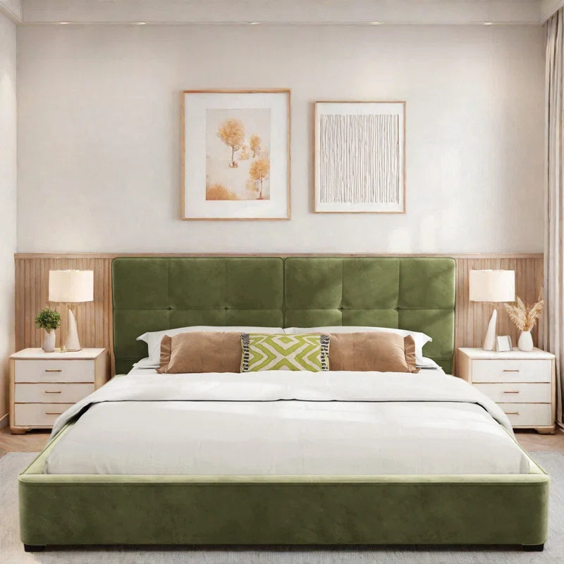 Upholstered Platform Bed With Curved Tufted Headboard, Soft Square Corners