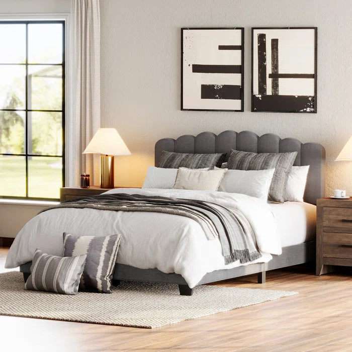 Upholstered Platform Bed With Velvet And Striped Headboard OUCH CART