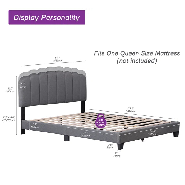 Upholstered Platform Bed With Velvet And Striped Headboard