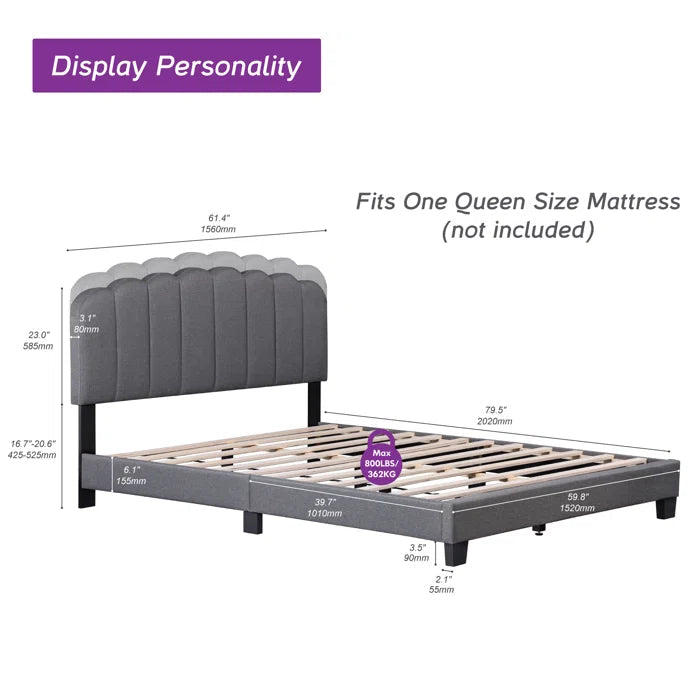 Upholstered Platform Bed With Velvet And Striped Headboard OUCH CART