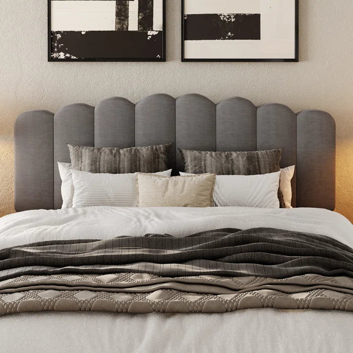 Upholstered Platform Bed With Velvet And Striped Headboard