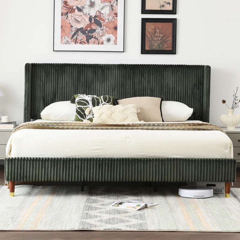 Upholstered Platform Bed with Ornate Wingback Headboard and Comfortably Soft Fabric Upholstery OUCH CART