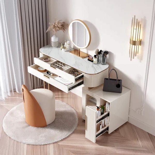 Emil Vanity dressing table with drawers with mirror with stool, White Vanity Table with Mirror, Writing Desk with 3 Drawers, Makeup Desk with Cabinet for Women Girls
