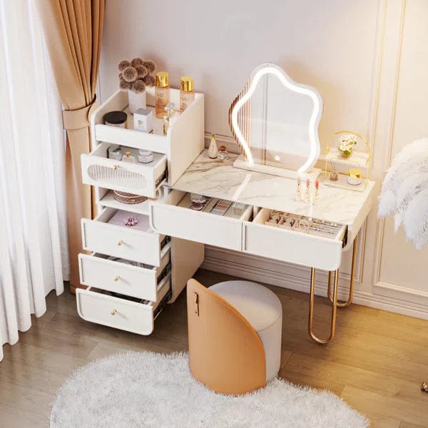 Zofia Vanity Dressing Table with mirror & stool, interiors Off-White Makeup Vanity Set Dressing Table with Lighted Mirror Cabinet & Stool Included.