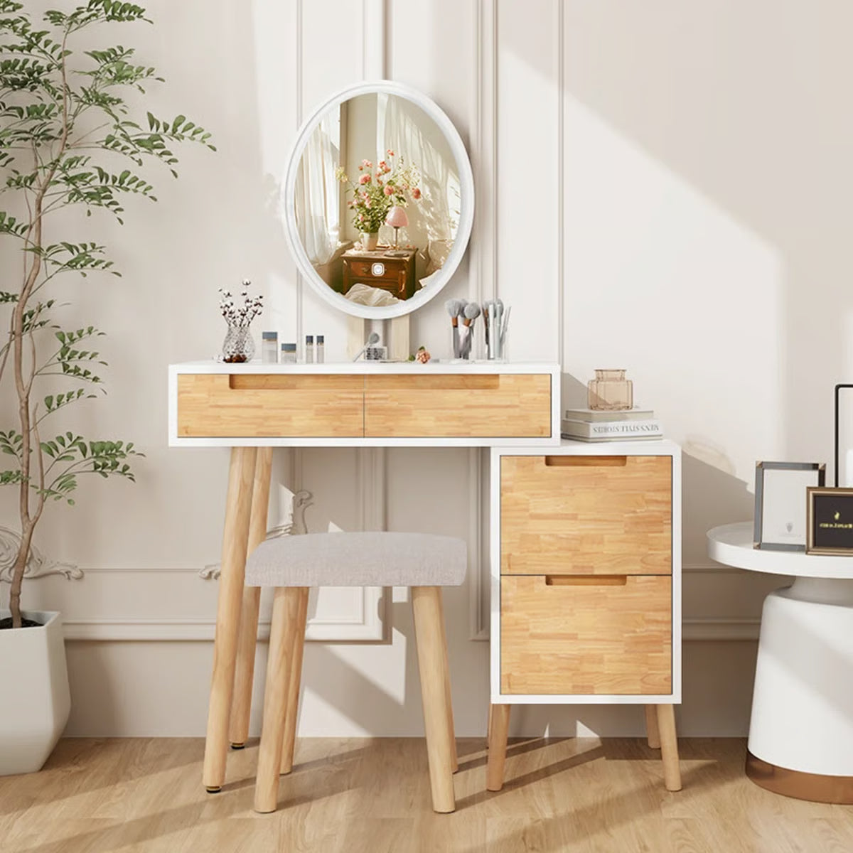 Makeup Vanity Desk with 3-Mode LED Mirror, 4 Drawers, Cushioned Stool, and Adjustable Storage Cabinet- OUCH CART | Dressing table