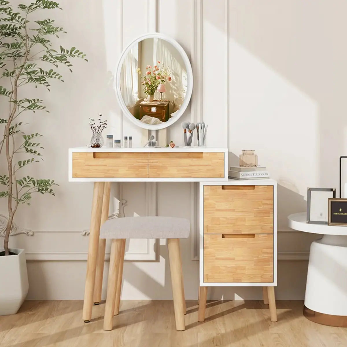 Makeup Vanity Desk with 3-Mode LED Mirror, 4 Drawers, Cushioned Stool, and Adjustable Storage Cabinet- OUCH CART | Dressing table