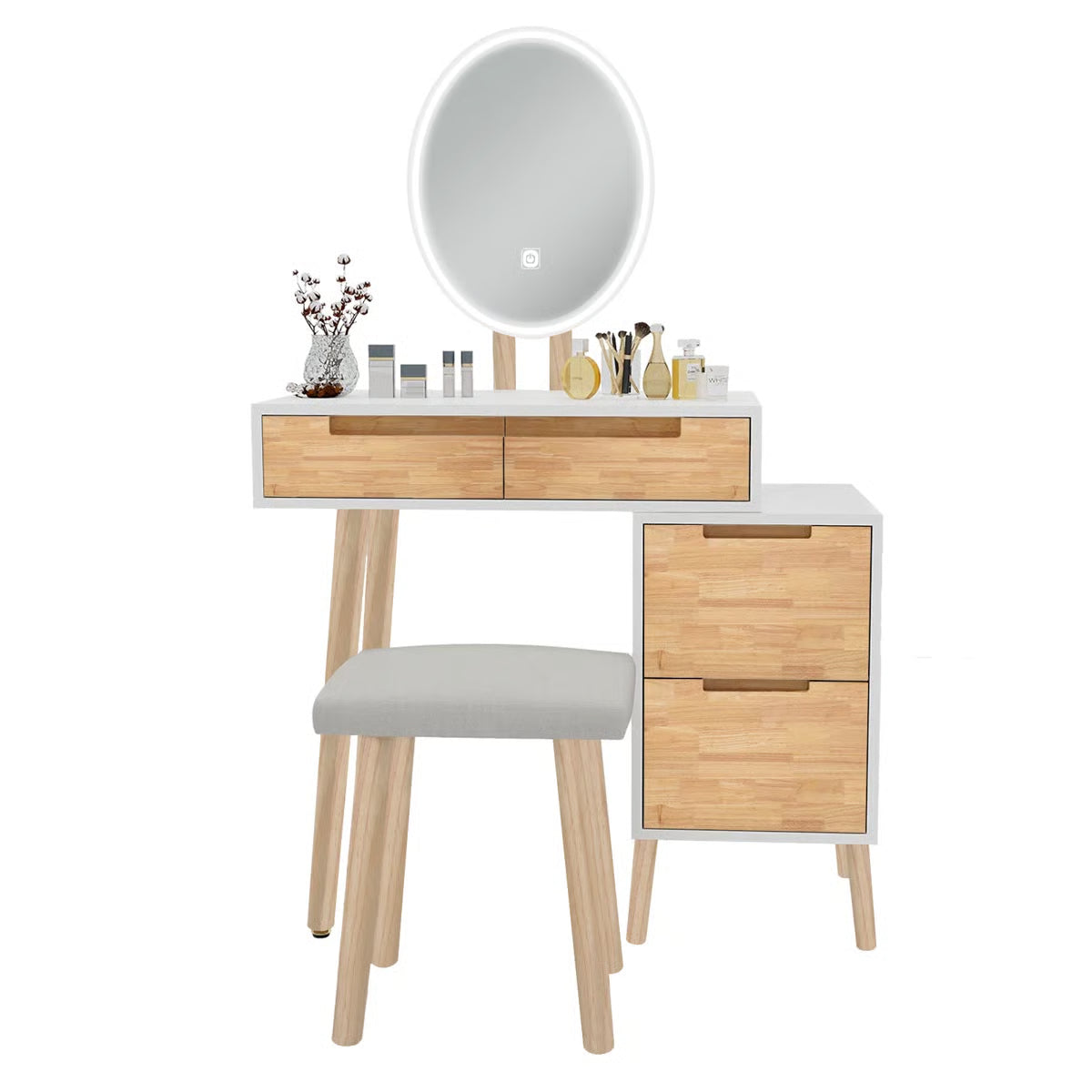 Makeup Vanity Desk with 3-Mode LED Mirror, 4 Drawers, Cushioned Stool, and Adjustable Storage Cabinet- OUCH CART | Dressing table