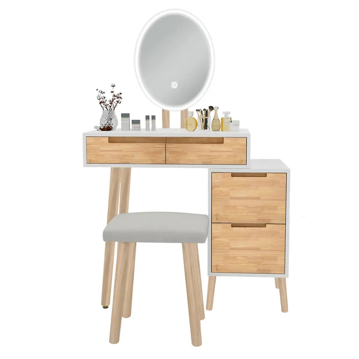 Makeup Vanity Desk with 3-Mode LED Mirror, 4 Drawers, Cushioned Stool, and Adjustable Storage Cabinet- OUCH CART | Dressing table