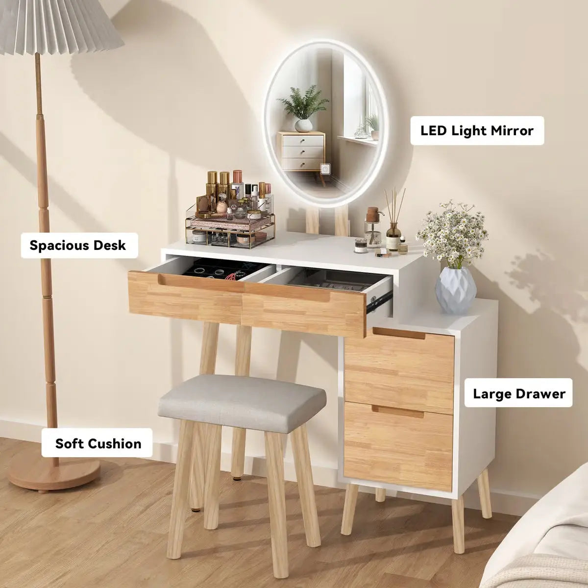 Makeup Vanity Desk with 3-Mode LED Mirror, 4 Drawers, Cushioned Stool, and Adjustable Storage Cabinet- OUCH CART | Dressing table