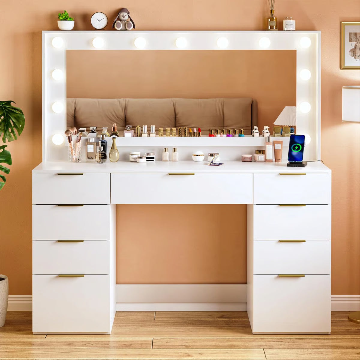 Vanity Table with Lighted Mirror, 9 Drawers, Built-In Power Outlet, and Spacious Storage-OUCH CART | Dressing table