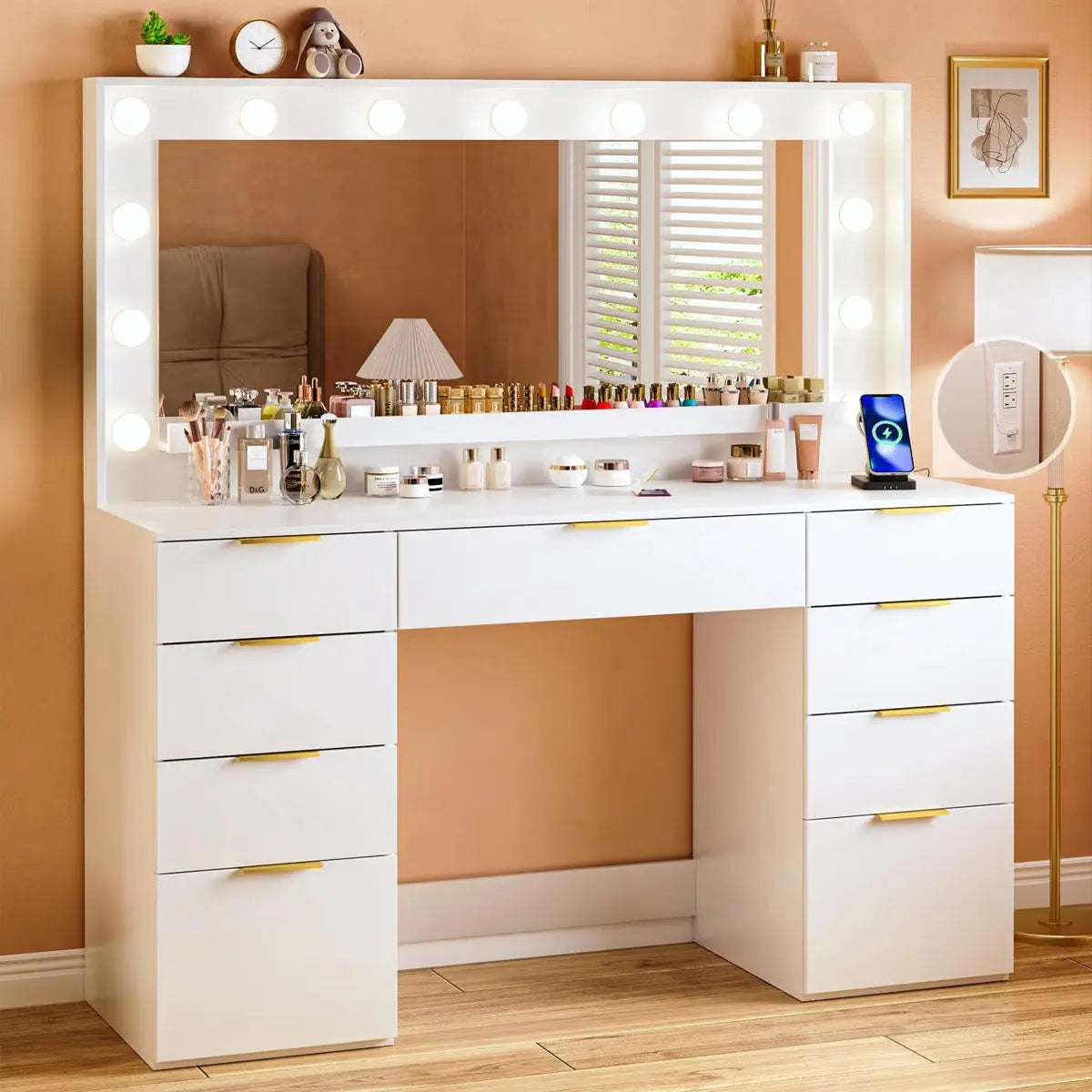 Vanity Table with Lighted Mirror, 9 Drawers, Built-In Power Outlet, and Spacious Storage