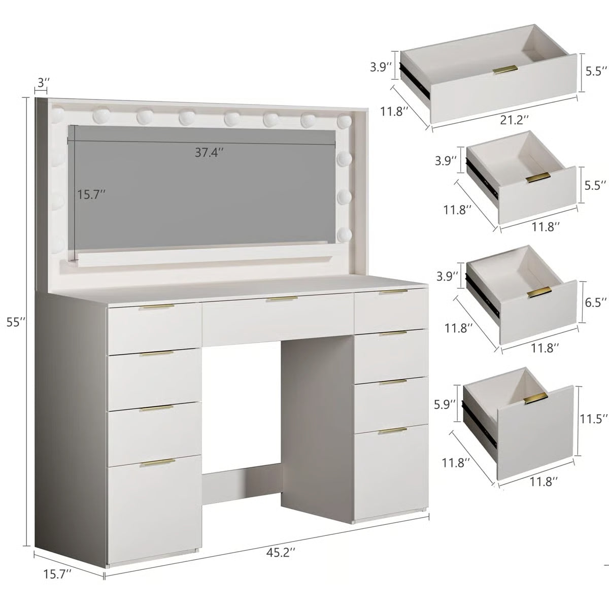 Vanity Table with Lighted Mirror, 9 Drawers, Built-In Power Outlet, and Spacious Storage