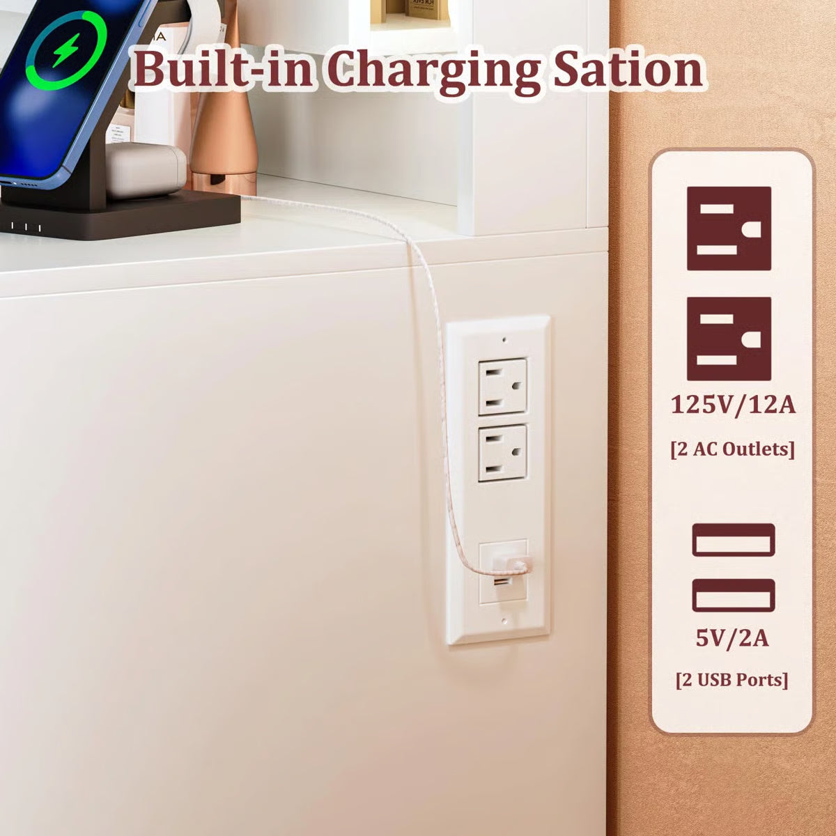 Vanity Table with Lighted Mirror, 9 Drawers, Built-In Power Outlet, and Spacious Storage