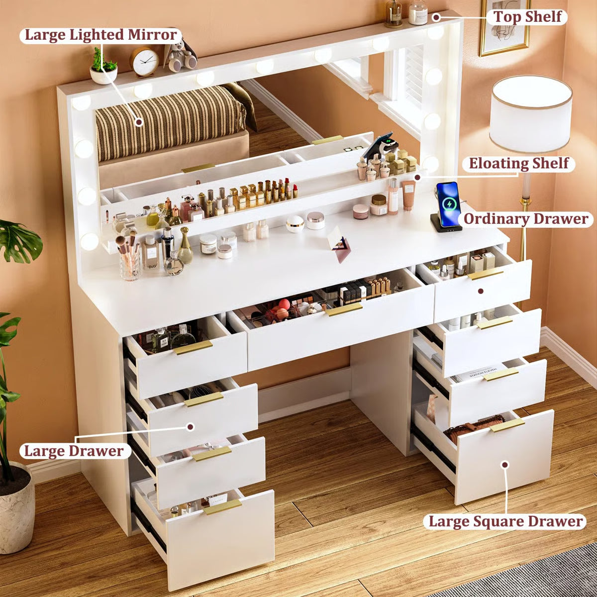 Vanity Table with Lighted Mirror, 9 Drawers, Built-In Power Outlet, and Spacious Storage