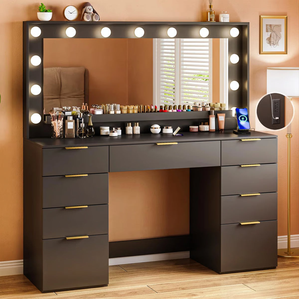 Vanity Table with Lighted Mirror, 9 Drawers, Built-In Power Outlet, and Spacious Storage-OUCH CART | Dressing table