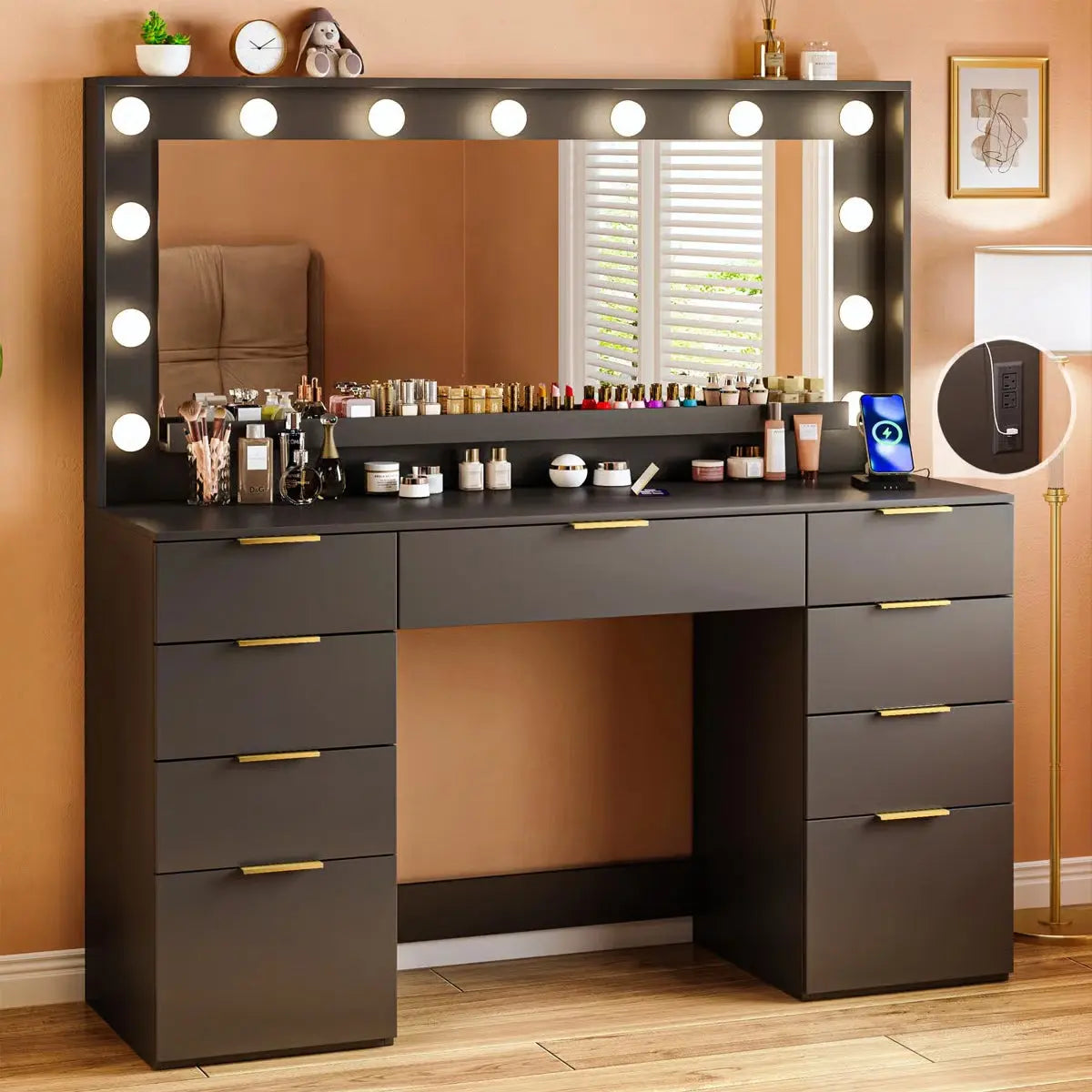 Vanity Table with Lighted Mirror, 9 Drawers, Built-In Power Outlet, and Spacious Storage-OUCH CART | Dressing table