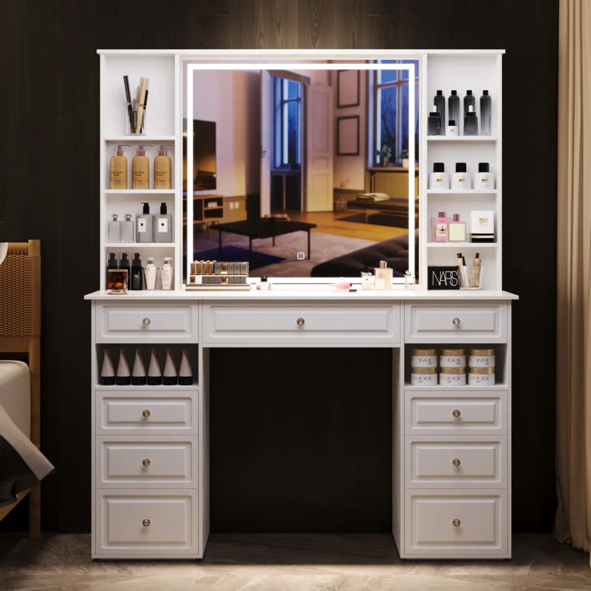 Large 47’’ Vanity Desk with LED Lighted Adjustable Mirror and 9 Storage Drawers