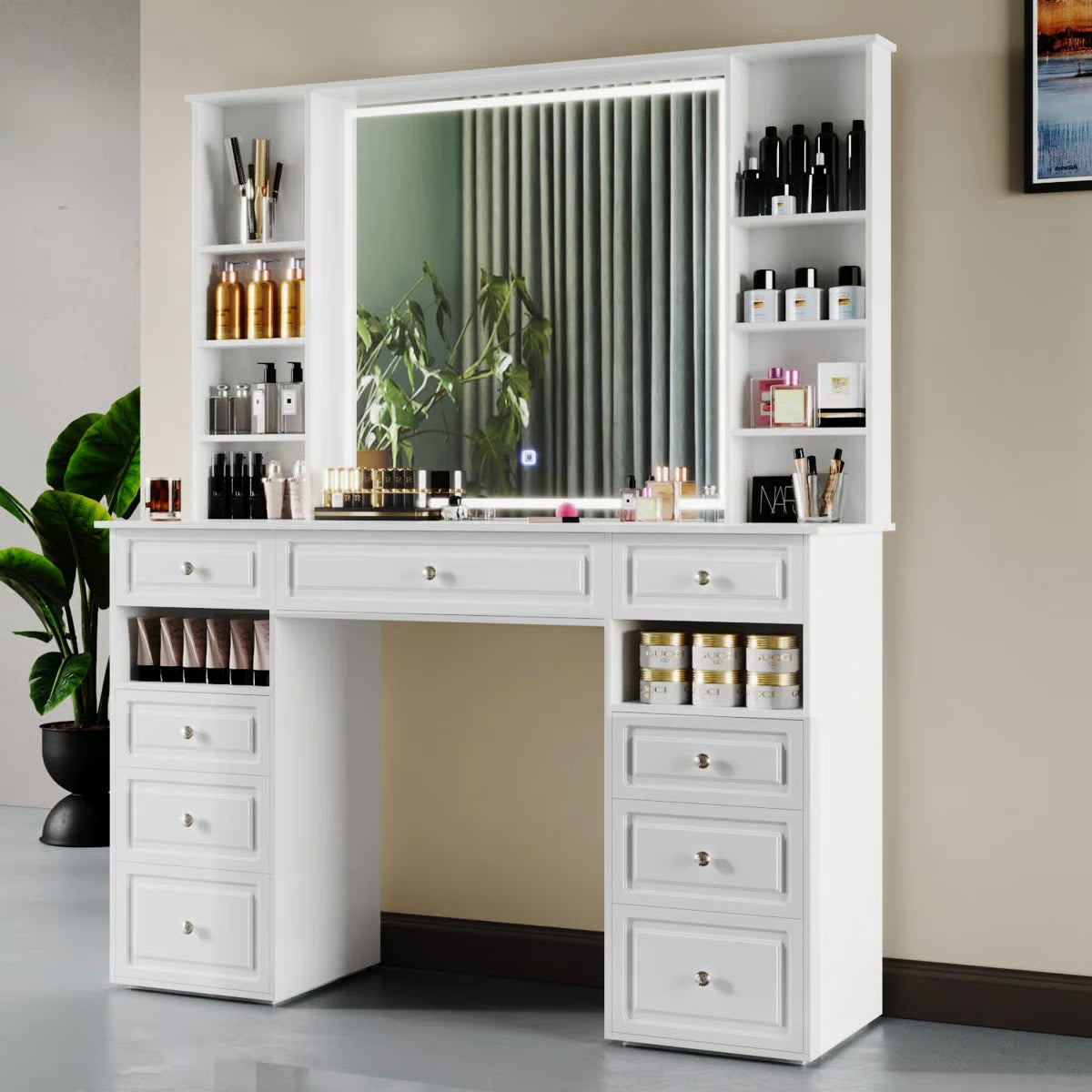 Large 47’’ Vanity Desk with LED Lighted Adjustable Mirror and 9 Storage Drawers