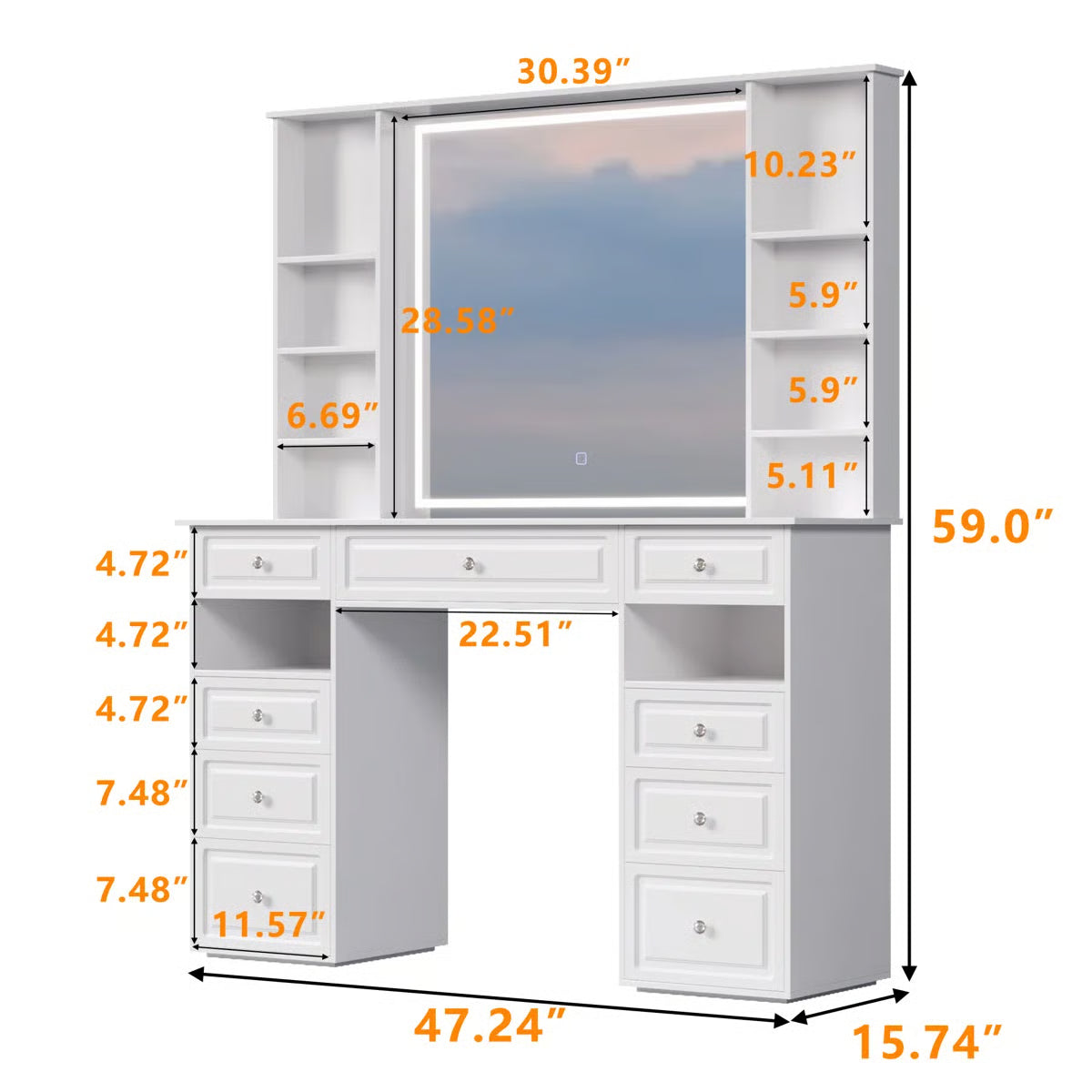 Large 47’’ Vanity Desk with LED Lighted Adjustable Mirror and 9 Storage Drawers