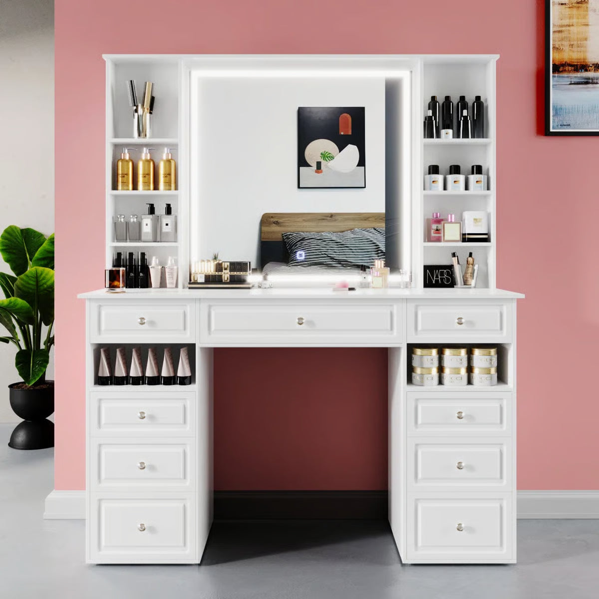 Large 47’’ Vanity Desk with LED Lighted Adjustable Mirror and 9 Storage Drawers- OUCH CART | Dressing table