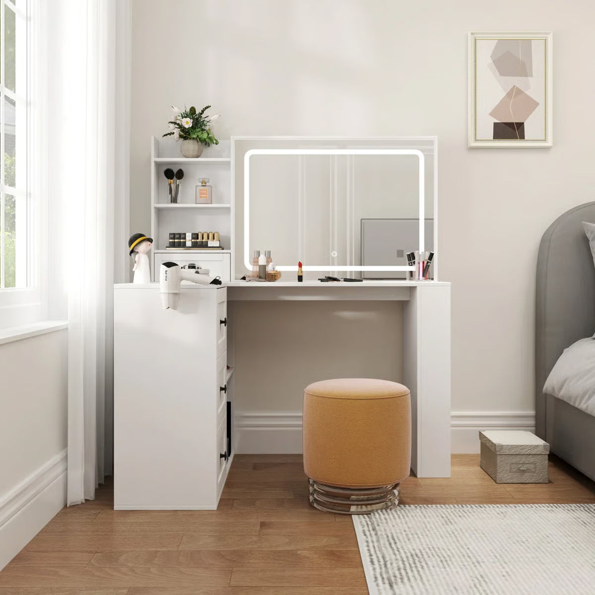 Vanity Desk with LED Lights, Power Strip, 3 Large Drawers – Makeup Organizer-OUCH CART |Dressing table