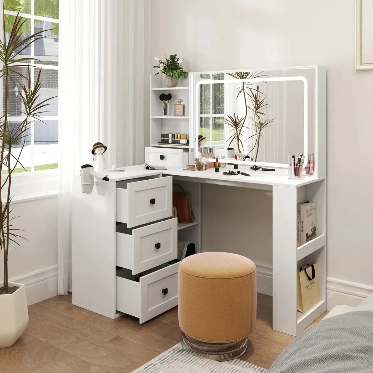 Vanity Desk with LED Lights, Power Strip, 3 Large Drawers – Makeup Organizer-OUCH CART |Dressing table